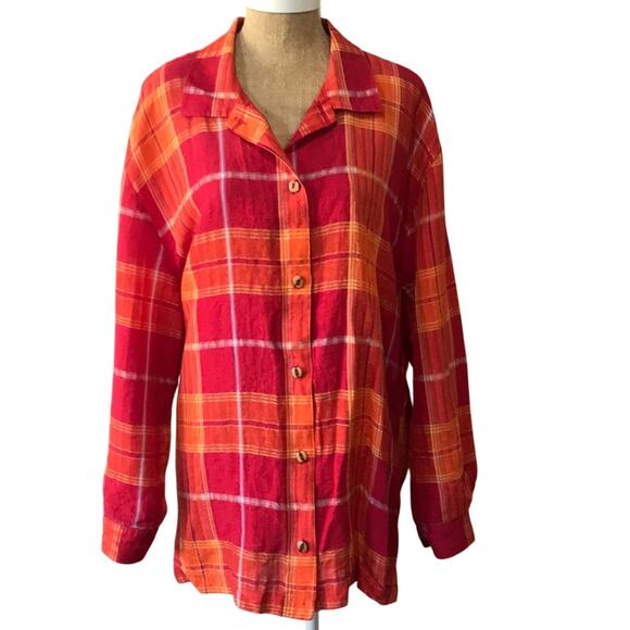 Coldwater Creek Tops - Coldwater Creek Linen Blend Plus Size Plaid Shirt Size 2X Wood Buttons EUC
